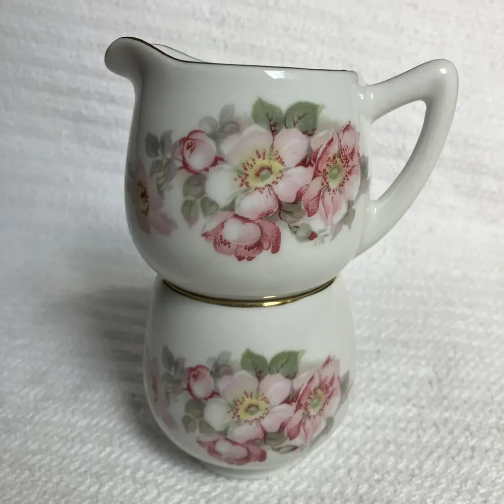 Pink Floral Sugar Creamer Set Gold Rimmed Schumann Arzberg Germany Vintage